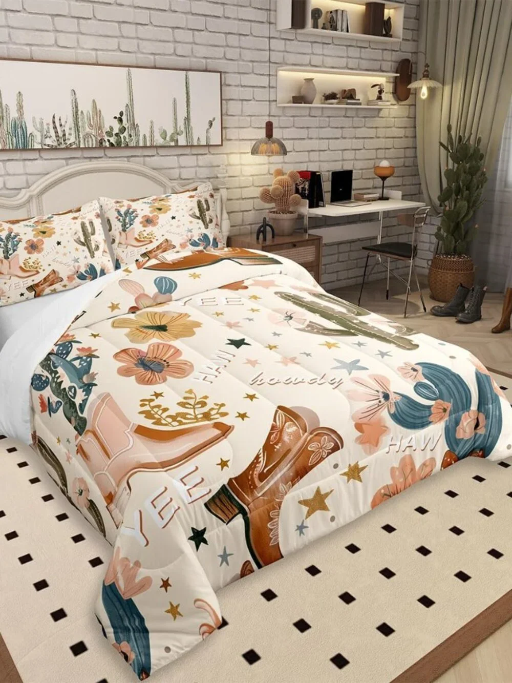Cowgirl Comforter Set Queen Size, Country Western Cowboy Boots Brown Bedding Set